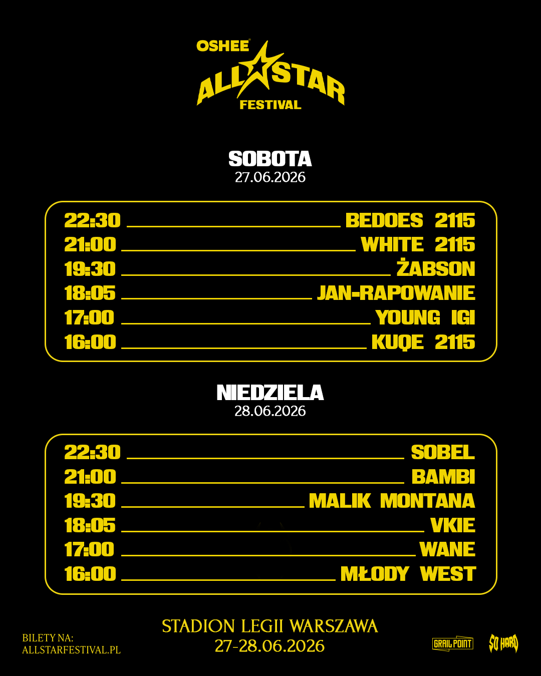 ALL STAR Festival — timetable: Sobota 27.06.2026 i Niedziela 28.06.2026, godziny występów artystów. Stadion Legii Warszawa.